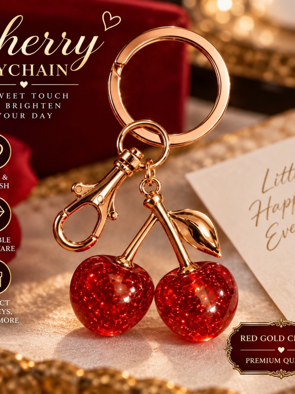 Gold Cherry Keychain with Red Crystal Charms